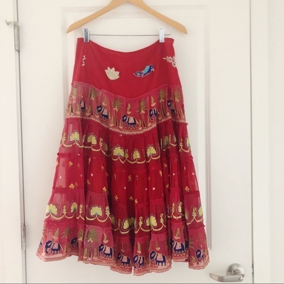 Juliet Dunn London Dresses & Skirts - Juliet Dunn London Boho Embroidered Elephant Bird Tiered Midi Skirt Large